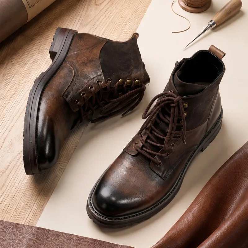 Vintage Mens Genuine Leather Oxfords Boots Luxury Handmade 2026 Autumn New Fashion Round Toe Platform Ankle Casual Shoes Man