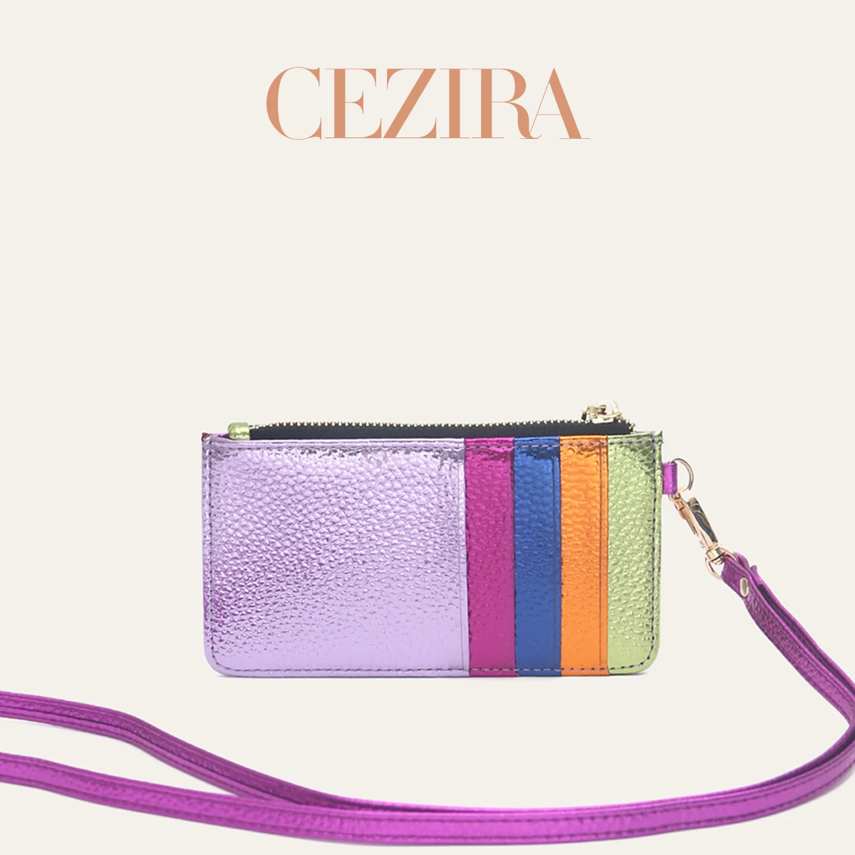 CEZIRA Women Color Portable RFID Slim Card Holder Colorful PU Zipper Coin Mini Wallet With Sling Strap Everyday Commute Outing