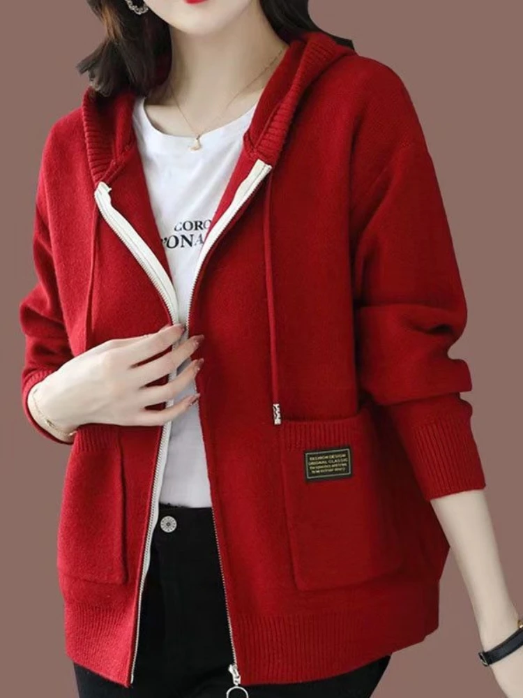 Winter Warm Women Casual Hooded Knitted Cardigan Spring Autumn Large Size Zipper New Sweater Coat Korean Fashion Knitwear Female