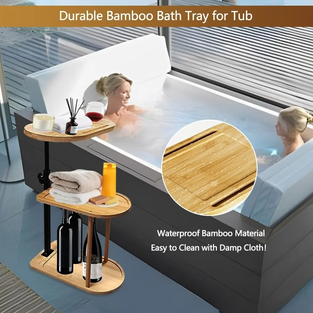 

3 Layer Bamboo Bathtub Tray Table, Height Adjustable Swivel Side Table for Luxury Home Spa Bathroom Organizer