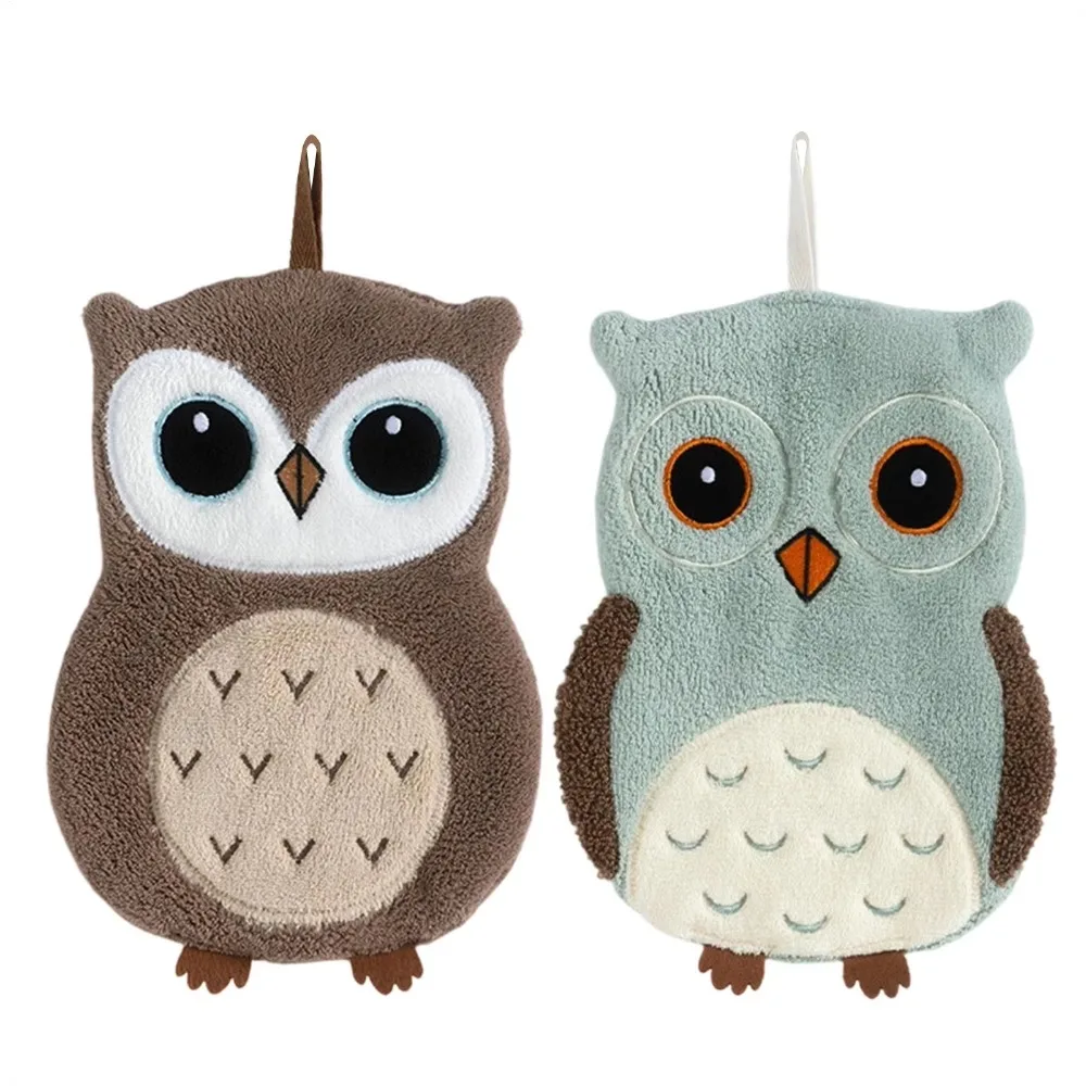 Soft Owl Hand Towels Super Absorbent Hangable Kitchen Handkerchief Cute Cartoon Design Coral Fleece Cleaning Cloth Kitchen Home