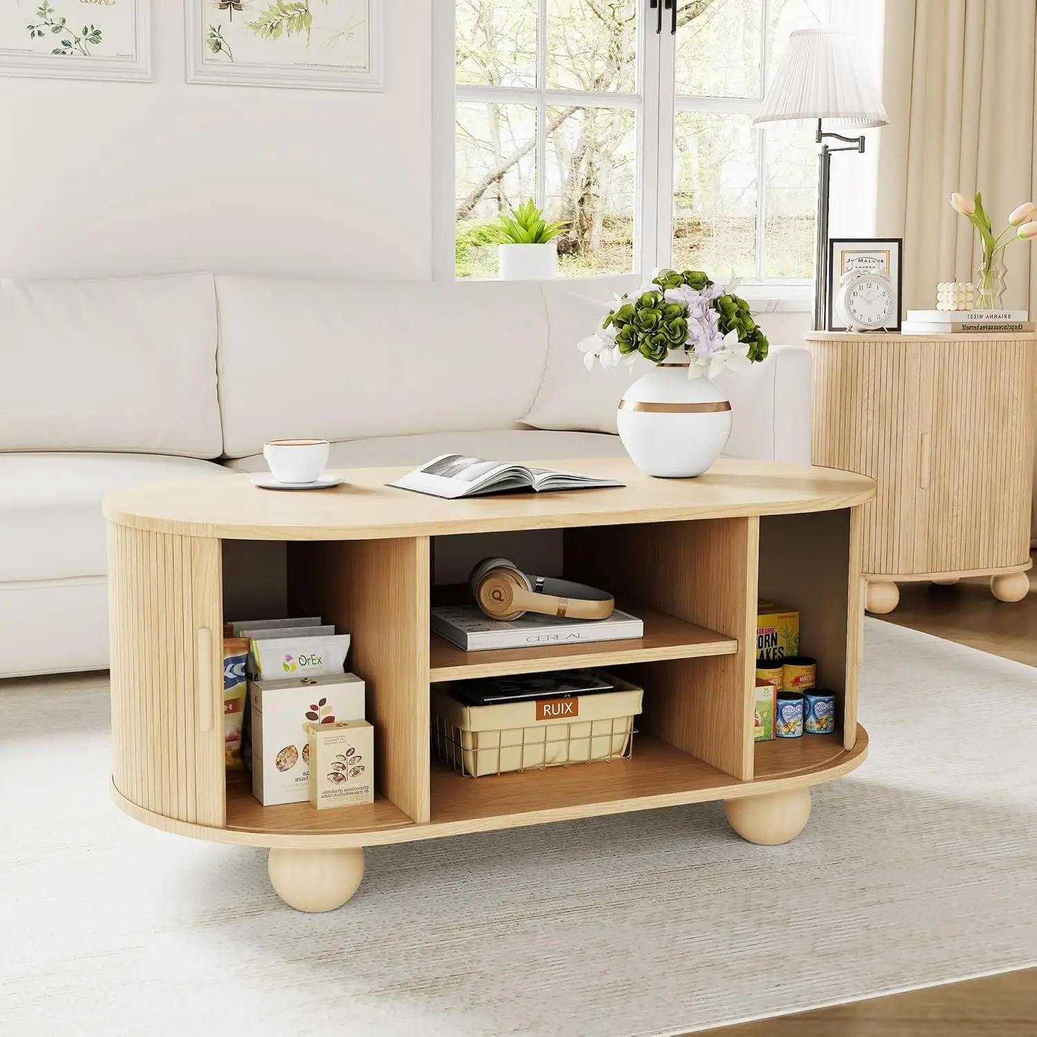 Rectangle Coffee Table, Fluted Coffee Tables For Living Room, Mid-Century Coffee Table Center Table With Storage & Sliding Doors