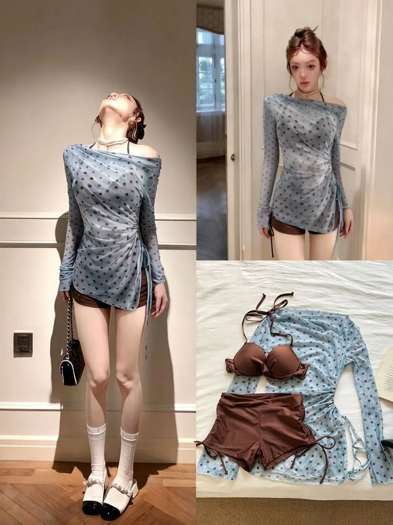 

Sexy oulder Bared Vintage Pleated Slimming Bikini Women's Holiday Hot Spring Sle Separate Swimsuit Polyester Material