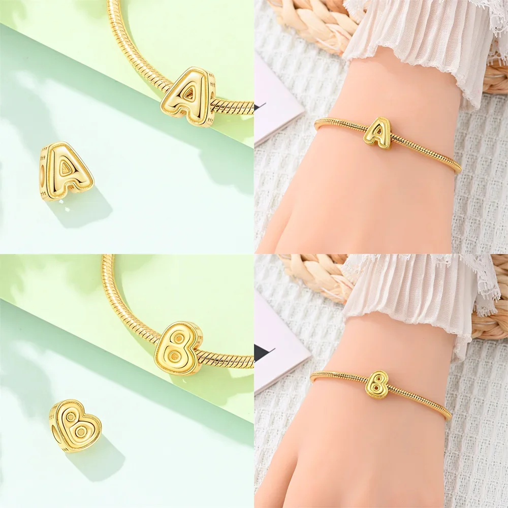 Golden Bubble Letter Charms 925 Silver 26 Letters Beads Fit Bracelets Bag Keychain Making Jewelry for Anniversary Daily Present