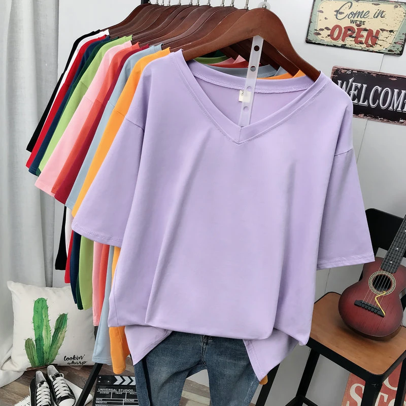 DAYIFUN Cotton V-neck Short Sleeve T-shirts Women Korean Loose Plus Size Solid Tshirts Lady 100KG Half-sleeved Top 5XL Tees 2024