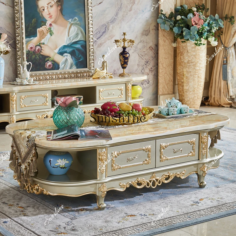 

European marble coffee table TV cabinet combination champagne gold living room villa home FT
