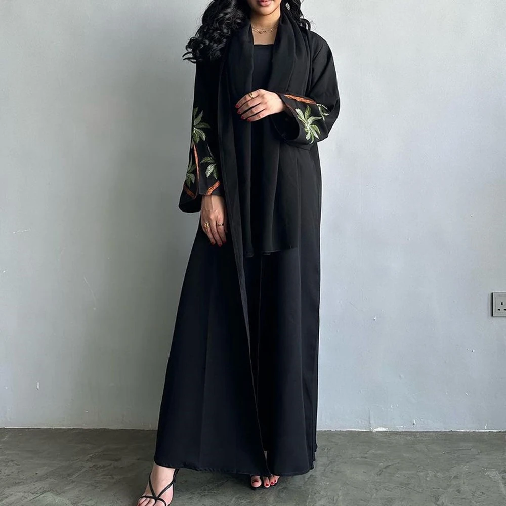 Imagem -02 - Mulheres Preto Bordado Abaya Islã Robe de Oração Roupas Véu Hijab de Manga Longa Vestido de Noite Caftan Arábia Loja Muçulmanas Senhoras