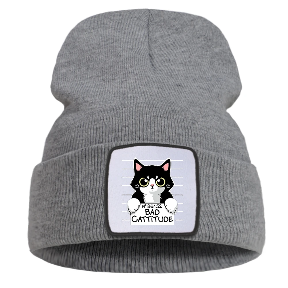 Cat Bad Attitude Mens Beanie Hats Warm Winter Windproof Harajuku Punk Hat Multi-Color Optional Caps For Unisex Commute And Daily