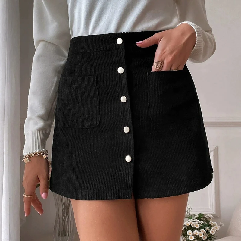 

Woman Autumn Winter Pocket Short Skirt Ladies Lady Vintage Corduroy Skirts Breasted Slim Solid Color Mini Skirt