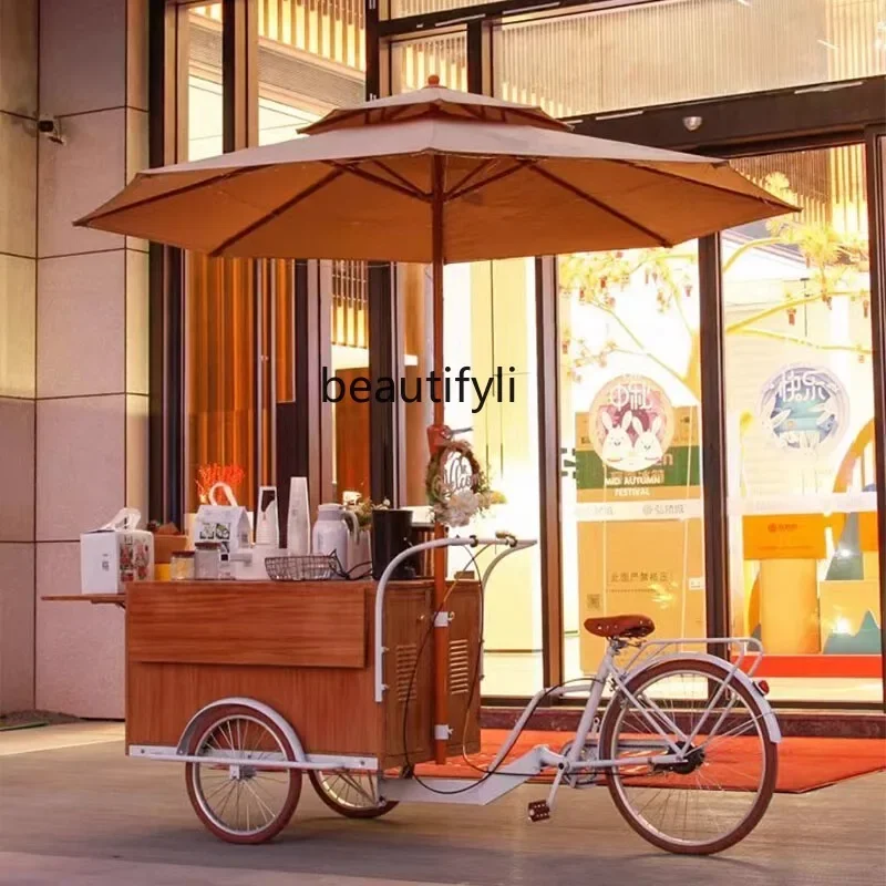 

D06 Retro solid wood scenic food truck mobile stall night market shopping mall display car riding three wheels upside down