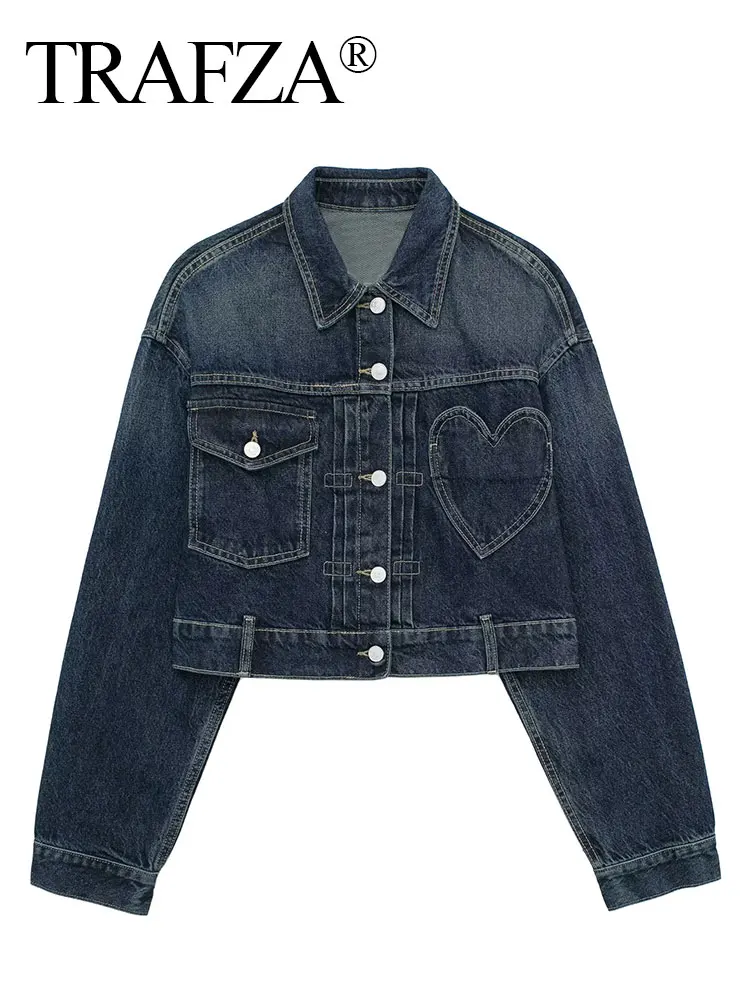 TRAFZA 2024 Women Dark Blue Denim Coat Heart Pattern Outerwear Long Sleeve Single Breasted Jacket Spring Female Chic Top Coats