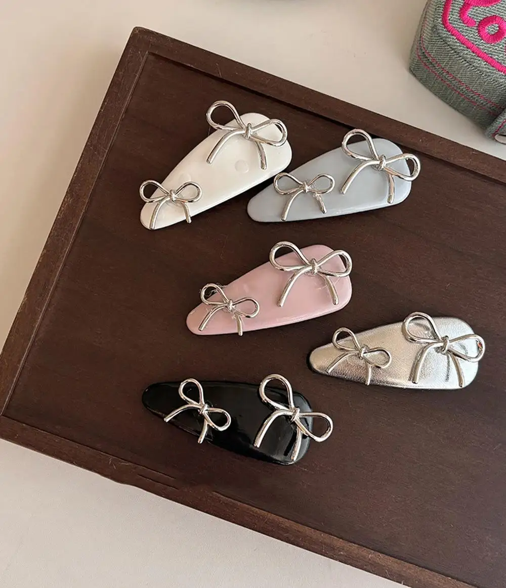 

Bow Leather Water Drop Hair Clip Silver Double Bows Decor BB Clip Solid Color Ribbon Bowknot Bow Decoration Hair Accessories