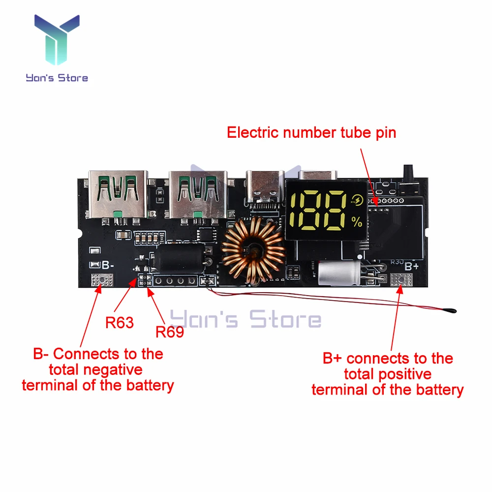 QC2.0 QC3.0 LED Dual USB PD PPS Fast Charge Mobile Power Bank Module 100W Type-C 18650 Charging Module Support AFC FCP VOOC