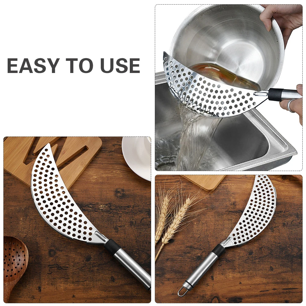 

2Pcs Stainless Steel Crescent Colander Handheld Drainer Evenly Distributed Mesh Holes Rapid Drain Residue Ideal for Pasta