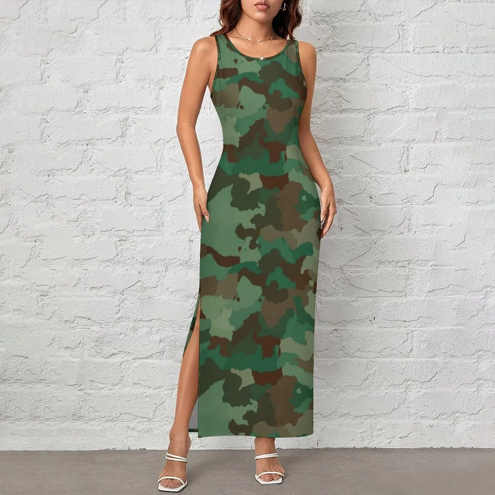 Army Camouflage Dress Sleeveless Green Camo Print Club Party Maxi Dresses Summer Aesthetic Graphic Bodycon Dress Big Size