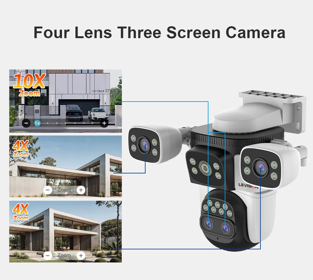 LS VISION 20MP 3*Screens Home Surveillance Wifi Camera 10X Zoom Outdoor Surveillance Camera Ip PTZ Auto Tracking Security Cctv
