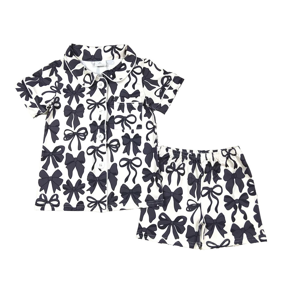 

Baby Girls Clothes Baby Girls Short Sleeves Black Bows Button Pocket Top Short Pajamas Sets