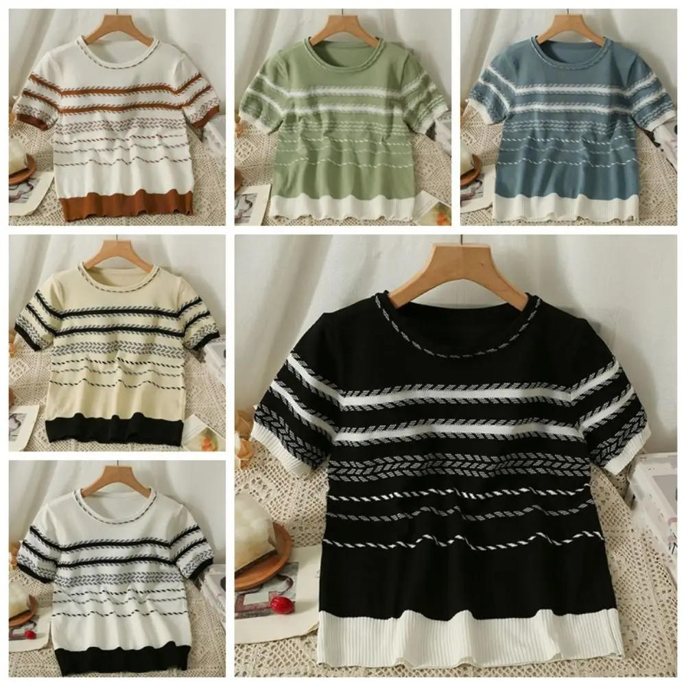

Sweet Ins Short Sleeve Crop Top Loose Female Clothing Stripe Knitted T-shirt Summer Bottoming Shirt Knitwear Women Female