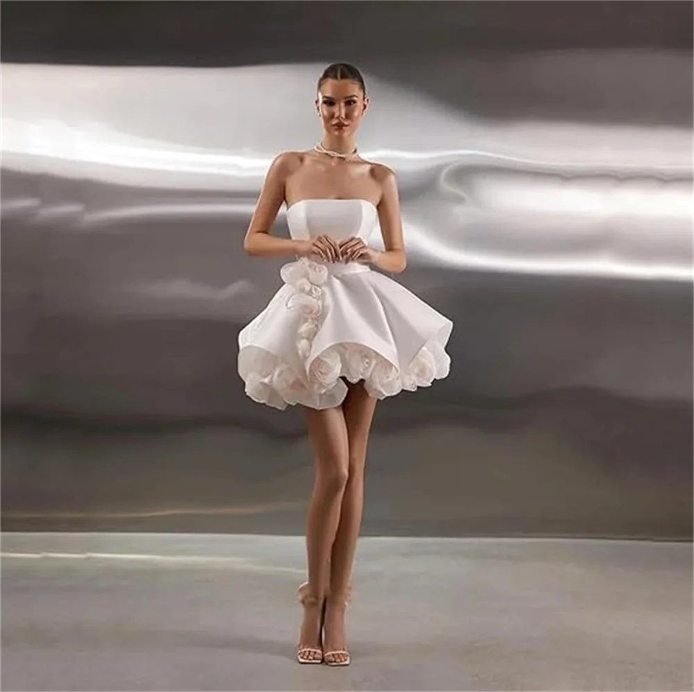 

Customized Women's 3D Flowers Mini Wedding Dress Off Shoulder Puffy Short Cocktail Dress A Line Satin Homecoming Dress For Teens