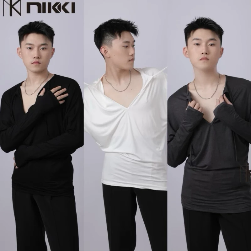 

Adult Male Cha Cha Rumba Latin Dance Tops V Neck Long Sleeves T Shirt Men Practice Training Dancewear Club Salsa Tops DNV25518