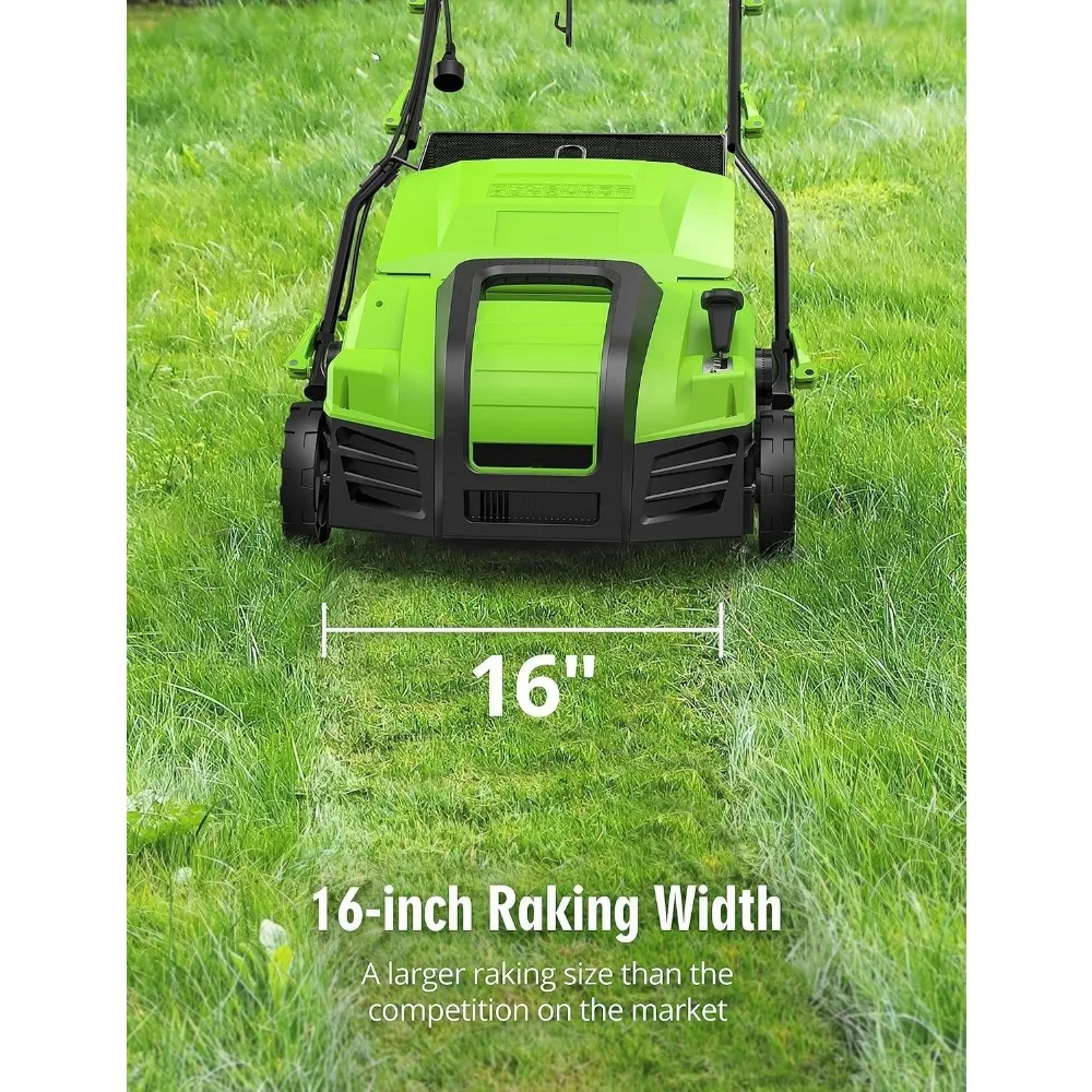 16-Inch 15 Amp Lawn Dethatcher with 5-Position Depth Control and 14.5 Gallon Removable Thatch Collection System for Efficient Ya