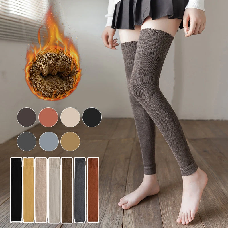 Leggings chauds en laine tricotée pour femme, chaussettes longues thermiques, couleur unie, chauffe-jambes, manches longues, Tube au dessus du genou, hiver