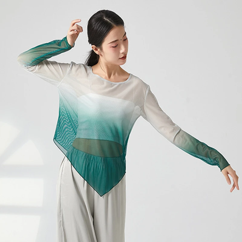 Classical Dance Top Women Long Sleeve Color Gradient Gauze Mesh Blouse Modern Practice Costume Angled Hem Loose Casual Tee Shirt