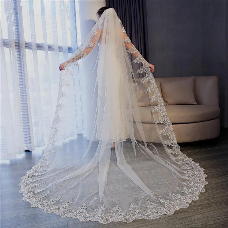 Voile de Mariage Doux et Long de 3m avec Bord en Dentelle Appliquée, une Couche, Rond, Longueur Cathédrale, avec Peigne, Tulle, pour Patients, Bon Marché