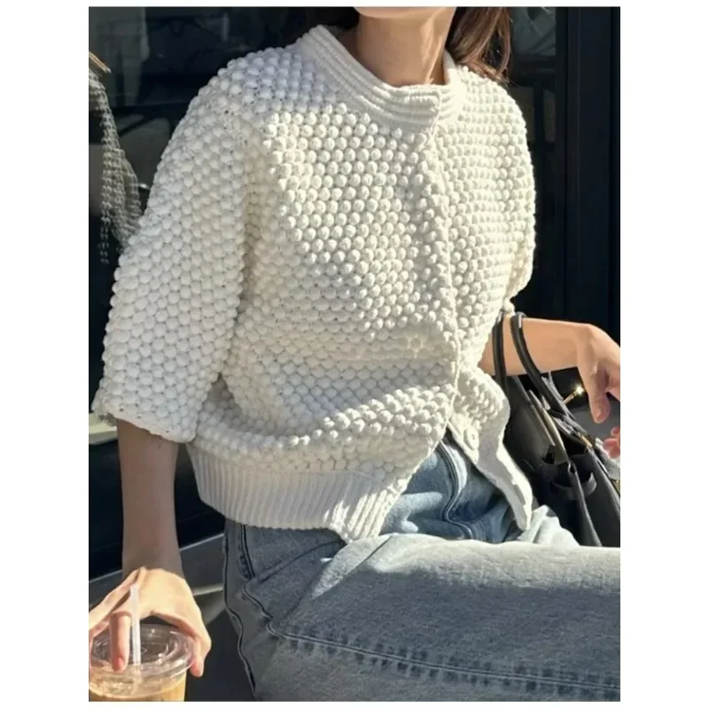 

Women Stereo Polka Dot Puff Sleeve Cardigan Spring Summer New Female Short-Sleeve Concealed Button Loose Knitted Sweater