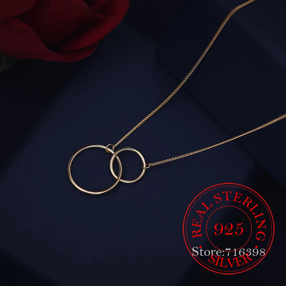 925 Sterling Silver Double Circle Interlock Clavicle Short Necklace silver 925 Jewelry For Women collares para mujer plata 925