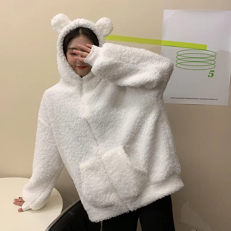 Autumn Winter Women\'s Coat  Zip-up Kawaii Fleece Faux Fur Sweatshirt Long Sleeve Hooded Teddy Bear Ears Soft Hoodies White