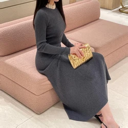 Black fungus edge Color blocked collar slim knit dress long skirt gray base skirt S home 24 autumn/winter new French style