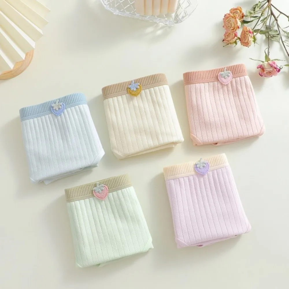 5 個の弾性ストライプ綿パンティーかわいいパンツイチゴブリーフ甘いソフト女性下着女の子