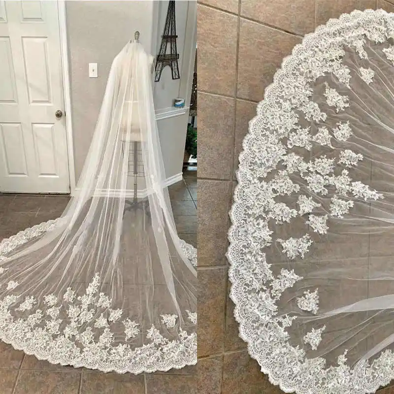 

Wedding Bridal Veils 3 Meters Long Cathedral Lace Appliqued Tulle Bridal Veil With Comb Customized Wedding Accessorie