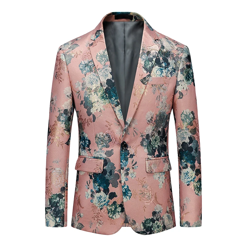 

Vintage Casual Pink Mens Blazers With Patterns Floral Slim Fit Autumn Quality Soft Comfortable Gentleman Premium Terno Masculino