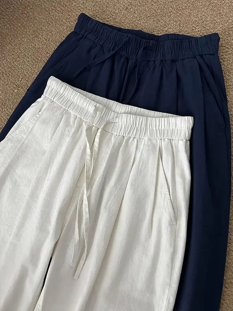 

White Linen Men's Summer Thin Straight Leg Loose Casual Pants Breathable Comfortable Faionable Straight Tube Long Trousers