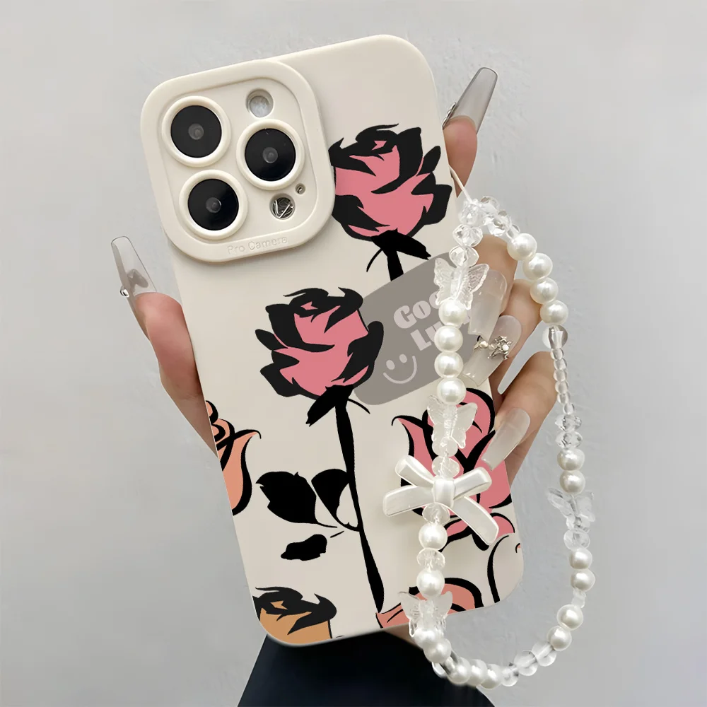 Lanyard Phone Cases For Samsung Galaxy S26 Ultra S25 S24 S23 S21 S22 Plus FE A56 A55 A16 A36 A54 Pink Rose INS Wrist Strap Cover
