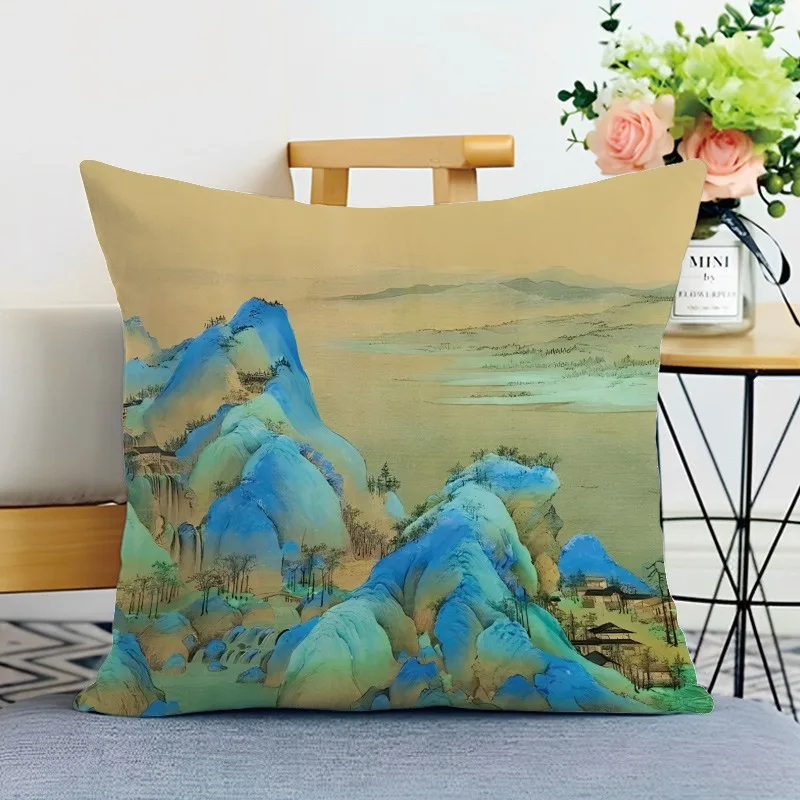 A Thousand Miles of Rivers and Mountains Printed Decorative Pillowcase Bedroom Living Room Square Cushion Pillowcase