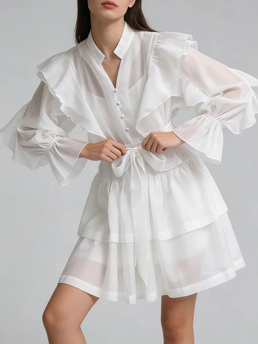 

Французское шикарное романтическое мини-платье 2026 года, весеннее, женское, элегантное, с оборками, многоярусное, с бантом, в стиле фейрикор, короткое платье