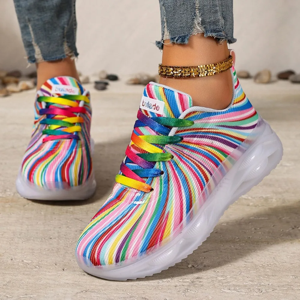 Women's Rainbow Stripe Casual Sports Shoes Summer Mesh Fashion Flat Beach and Leisure Holiday Lace-up Running Shoes for Ladies