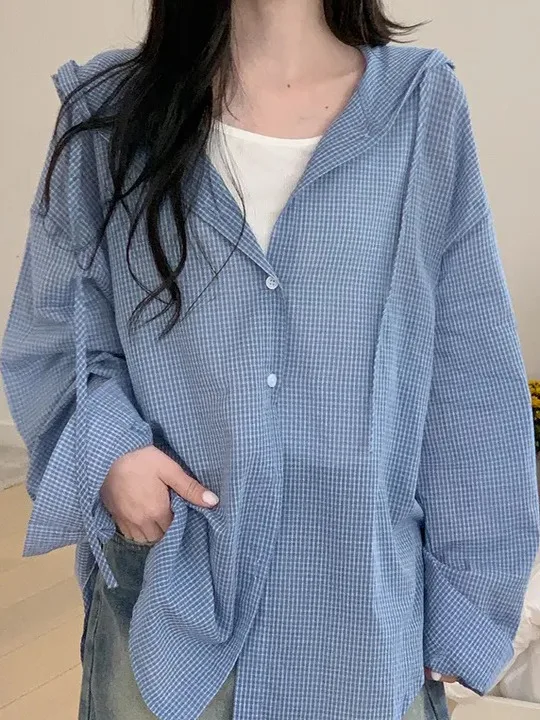 

Свободный длинный клетчатый женский повседневный кардиган с капюшоном в Корейском стиле, уникальный топ на осенний сезон