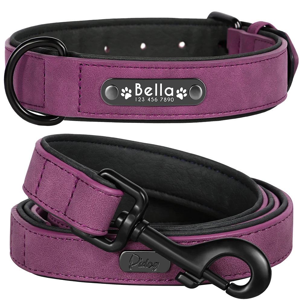 Personalisiertes PU-Leder-Hundehalsband-Leinen-Set, weich gepolsterte Hundehalsbänder, gravierte Haustier-ID-Halskette mit Leine für kleine große Hunde, Mops – Detail 10