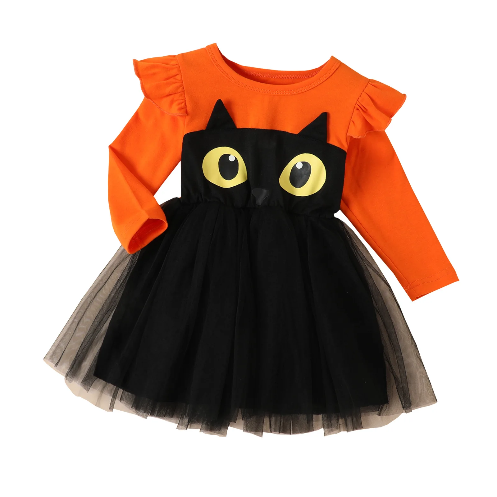 Halloween européen américain enfant Costume fille automne robe à manches longues dessin animé chaton noir imprimé Tulle enfants robe de princesse