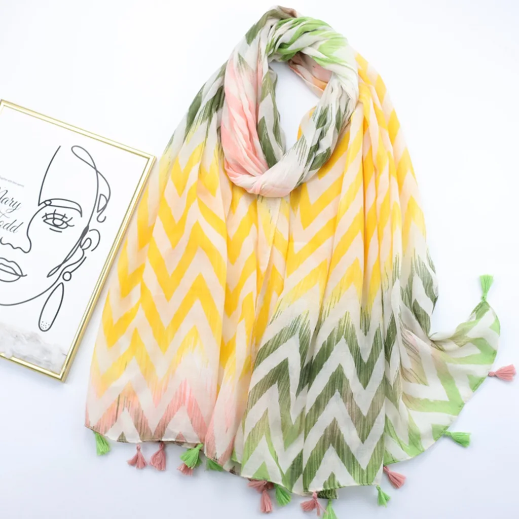 

2023 Newest Women Zigzag Pattern Geo Scarf Cotton Voile Tassel Scarf Shawls