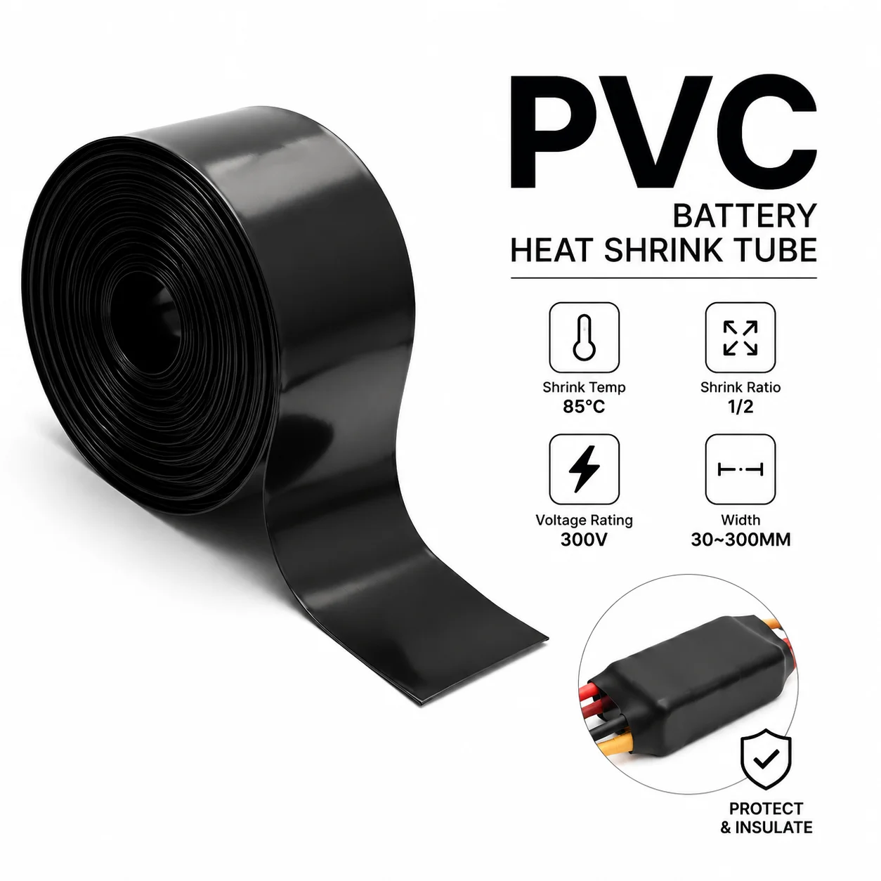 1/2/3/5/10M Black PVC Heat Shrink Tube Width 30~300mm Shrink Tightly Without Loosening the Battery Protection Tube