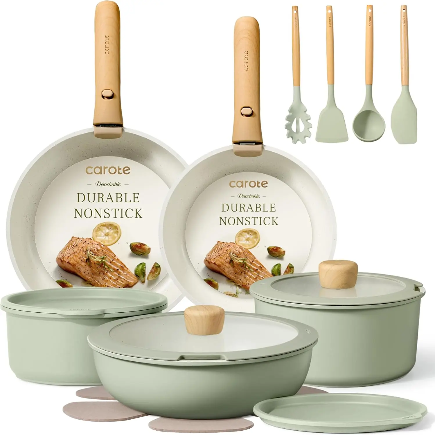 

19-Piece Nonstick Cookware Set with Detachable Handles, Oven Safe, Induction Compatible, Sage Green
