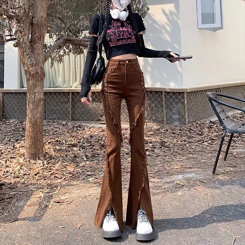 Flare Jeans Frauen Dünne Vintage Schlitz Spitze-up Design Y2k Sexy Mädchen Hohe Taille Stretchy Persönlichkeit Ulzzang Mode Streetwear