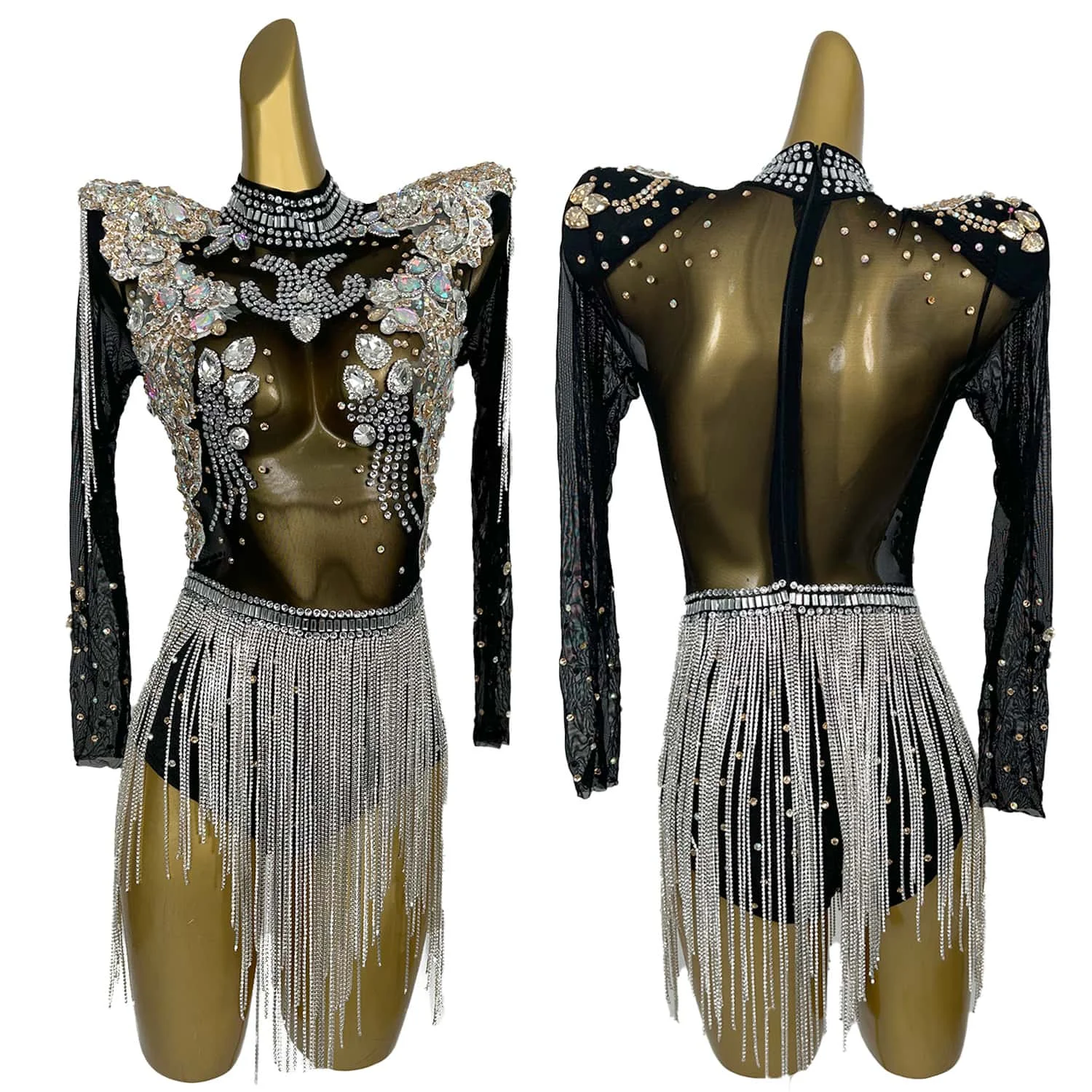 Sexy Perspective Crystal Fringes Jumpsuit Woman Stage Performance Costume Night Club Leotard Rhinestone Bodysuit Bolihuanghou