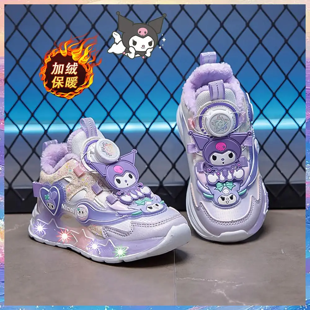 Winter Cartoon Kuromi Melody Girls Casual Sneakers Plush Sanrios Kawaii Light Up Tennis Cute Princess Kids Running Light Shoes