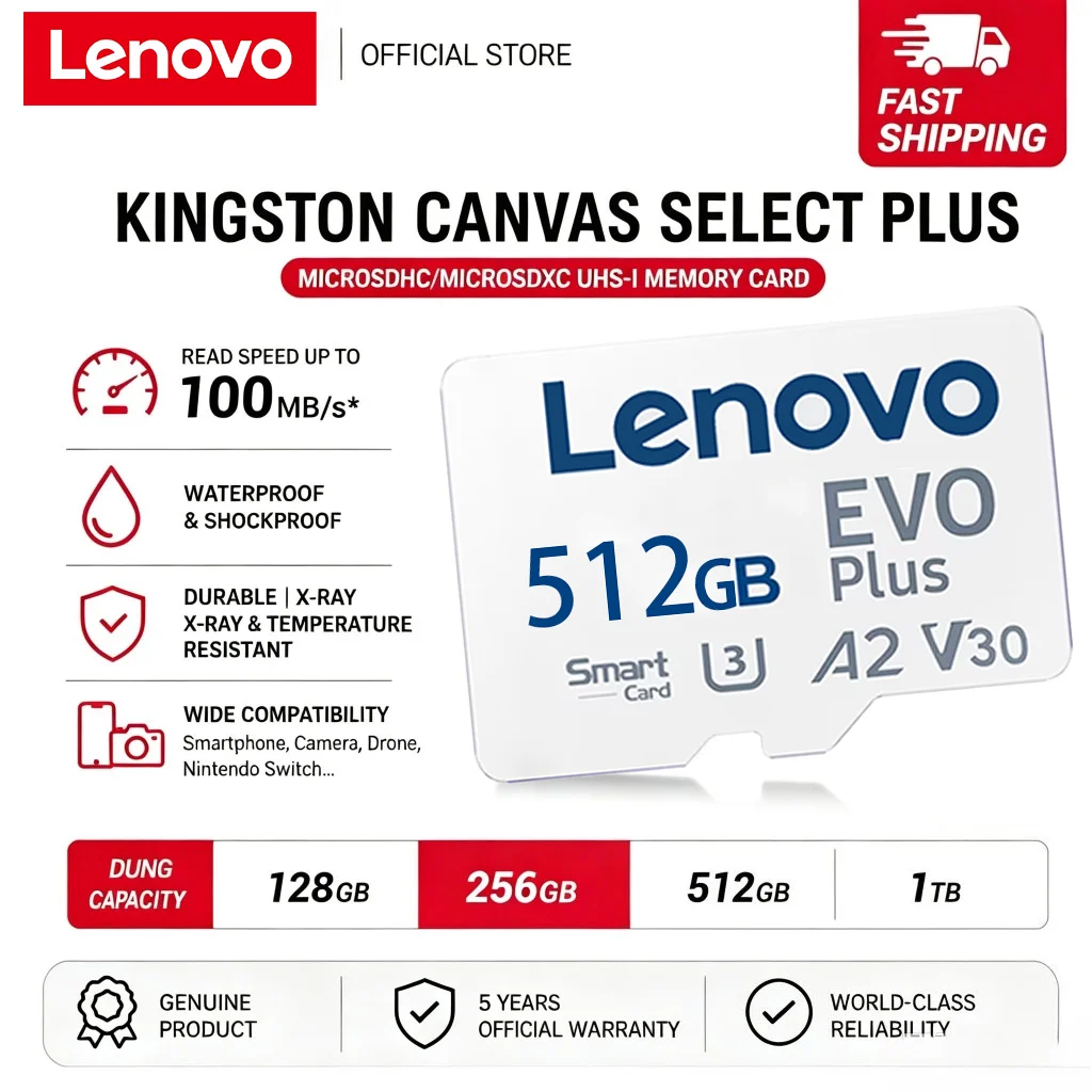 Lenovo 512GB Micro TF SD Card Class 10 Mini Memory Card for Switch Camera Phone PC - 64GB 128GB 256GB High-Speed Data Storage